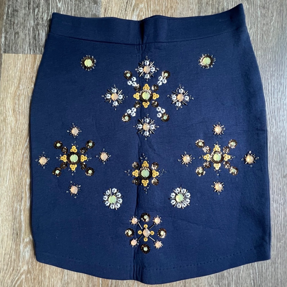 H&M Mini Skirt Women XS Navy Blue Beaded Sequin Embellished Stretch Boho 3949